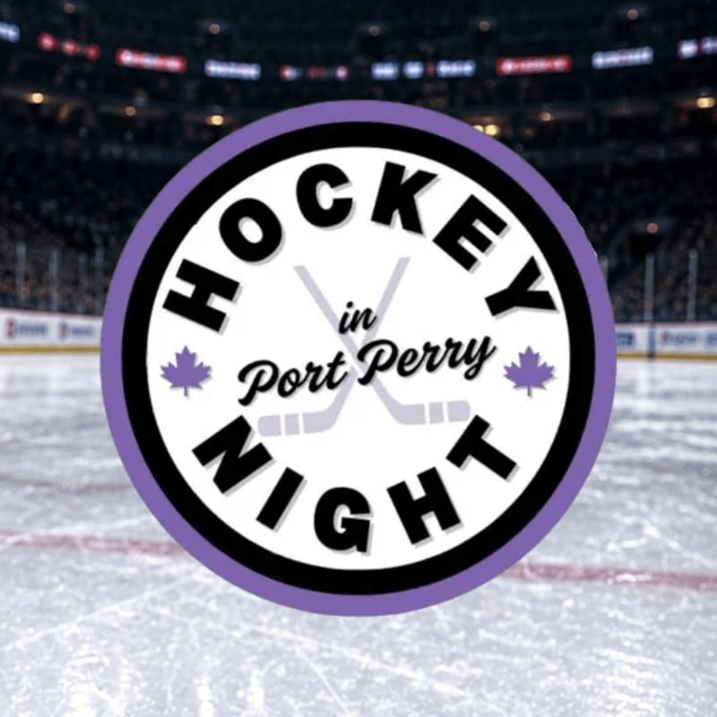A circular logo with "HOCKEY in Port Perry NIGHT" in purple and white lettering is superimposed over a blurred hockey rink and stadium background.