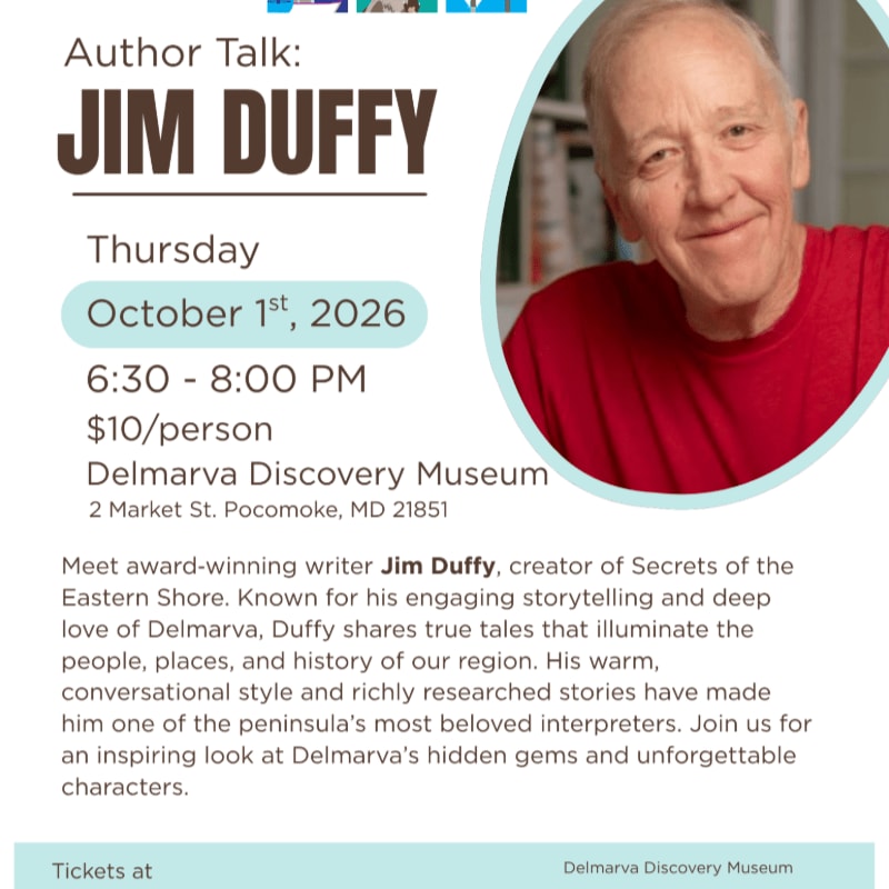 A smiling man in a red shirt is featured in the background of an event poster for an author talk by Jim Duffy at the Delmarva Discovery Museum.