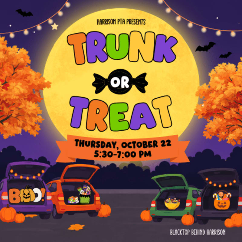 Four decorated car trunks with Halloween candy and decorations are lined up in the foreground, with a large full moon, autumn trees, and bats in the background.