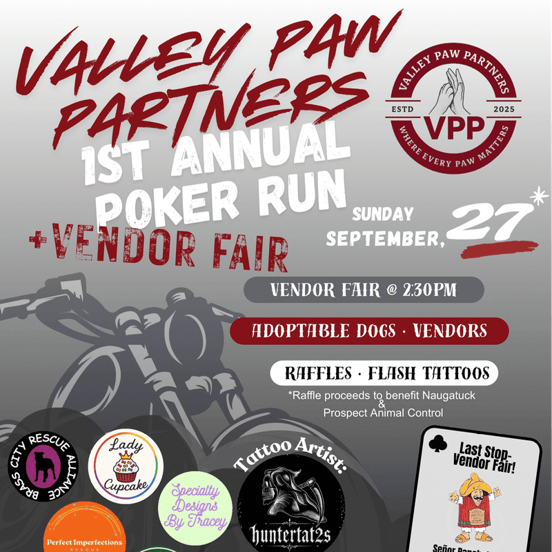 A motorcycle silhouette fills the foreground of a poster advertising the Valley Paw Partners 1st Annual Poker Run and Vendor Fair, with event details and logos in the background.