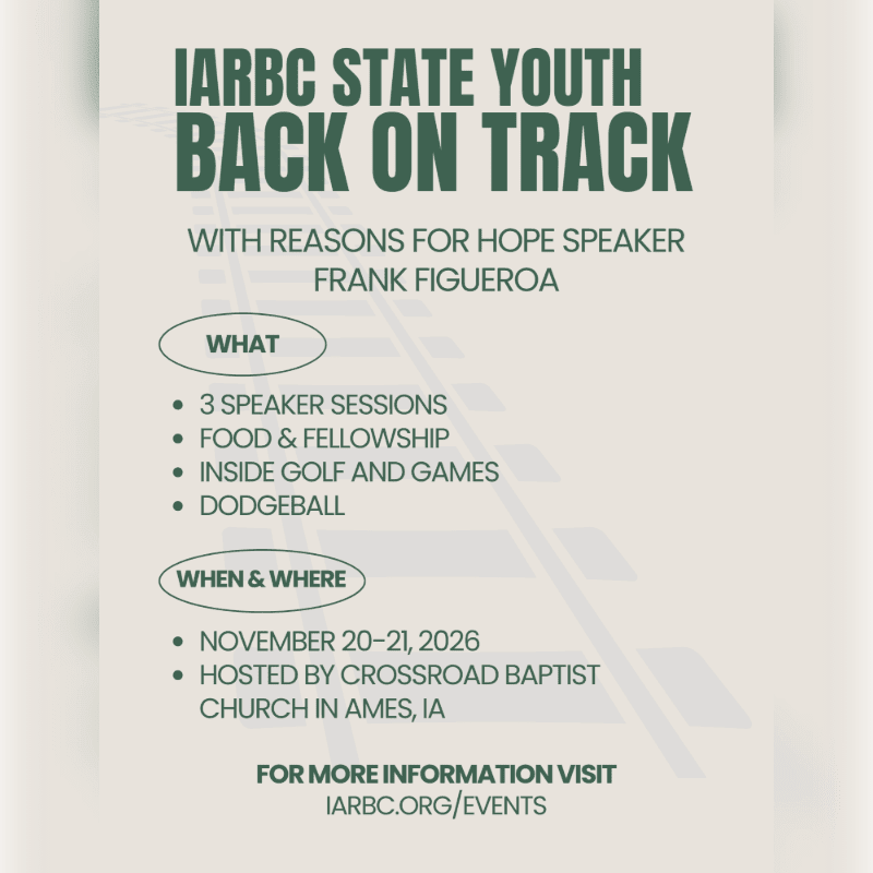 A poster for the IARBC State Youth "Back on Track" event, featuring speaker Frank Figueroa and details about activities, dates, and location, is set against a blurred background of train tracks.