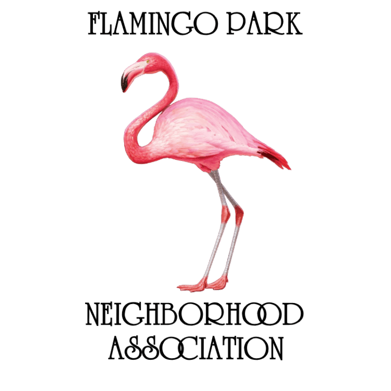A pink flamingo stands in the foreground against a white background, with the words "FLAMINGO PARK NEIGHBORHOOD ASSOCIATION" written above and below it.