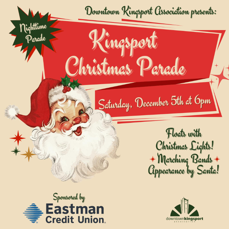 A vintage-style graphic advertises the Kingsport Christmas Parade with Santa's face in the foreground and event details on a red banner against a cream background.
