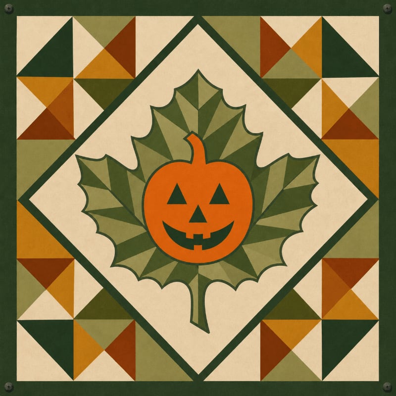 A smiling jack-o'-lantern rests on a green leaf in the foreground, surrounded by a quilt-like pattern of autumnal colors in the background.