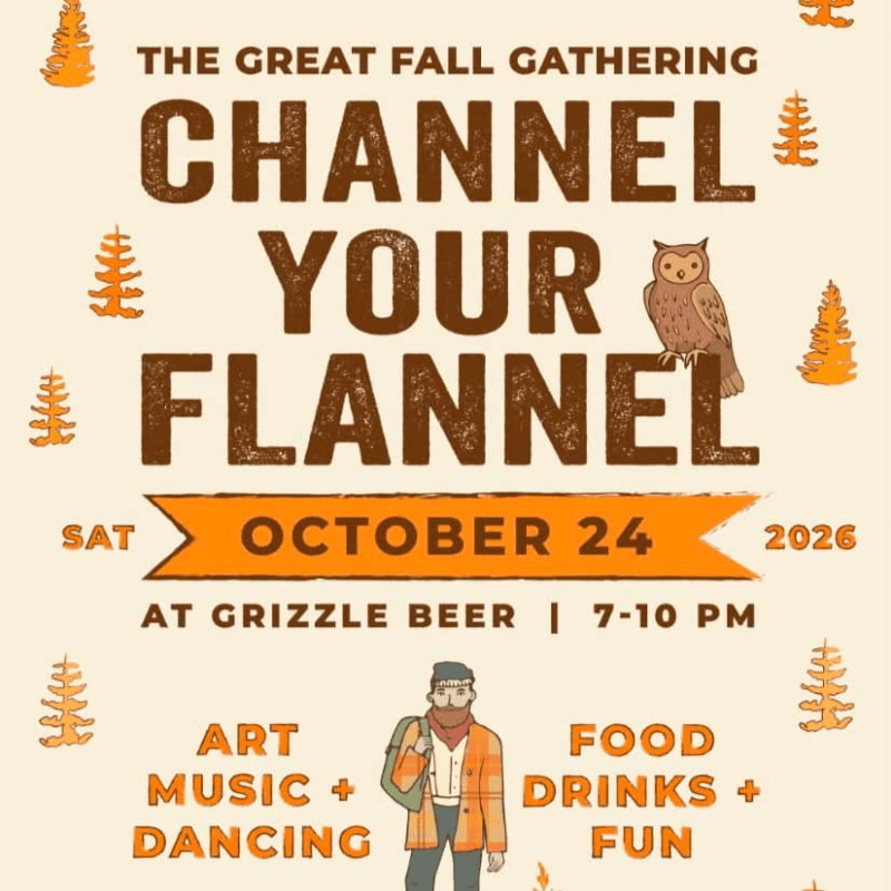 A man in flannel stands in the foreground against a background of autumn trees and text advertising "The Great Fall Gathering: Channel Your Flannel" on October 24, 2026.