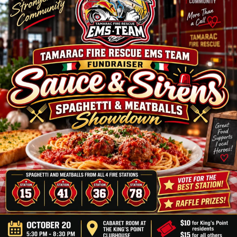 A plate of spaghetti and meatballs is featured in the foreground, with a poster for a Tamarac Fire Rescue EMS Team fundraiser in the background.
