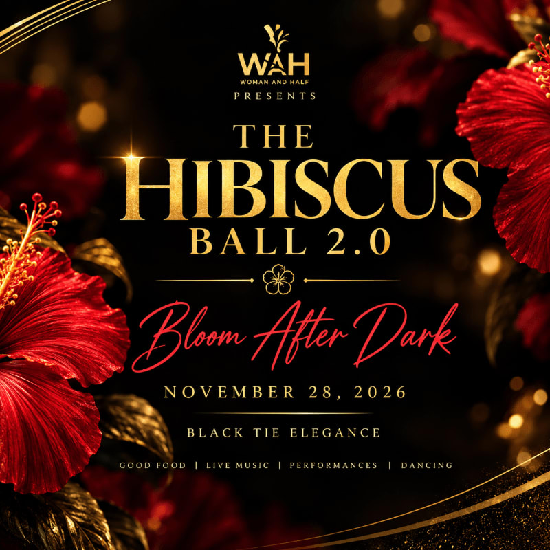 Large red hibiscus flowers frame the text "The Hibiscus Ball 2.0 Bloom After Dark" against a dark, bokeh-filled background.