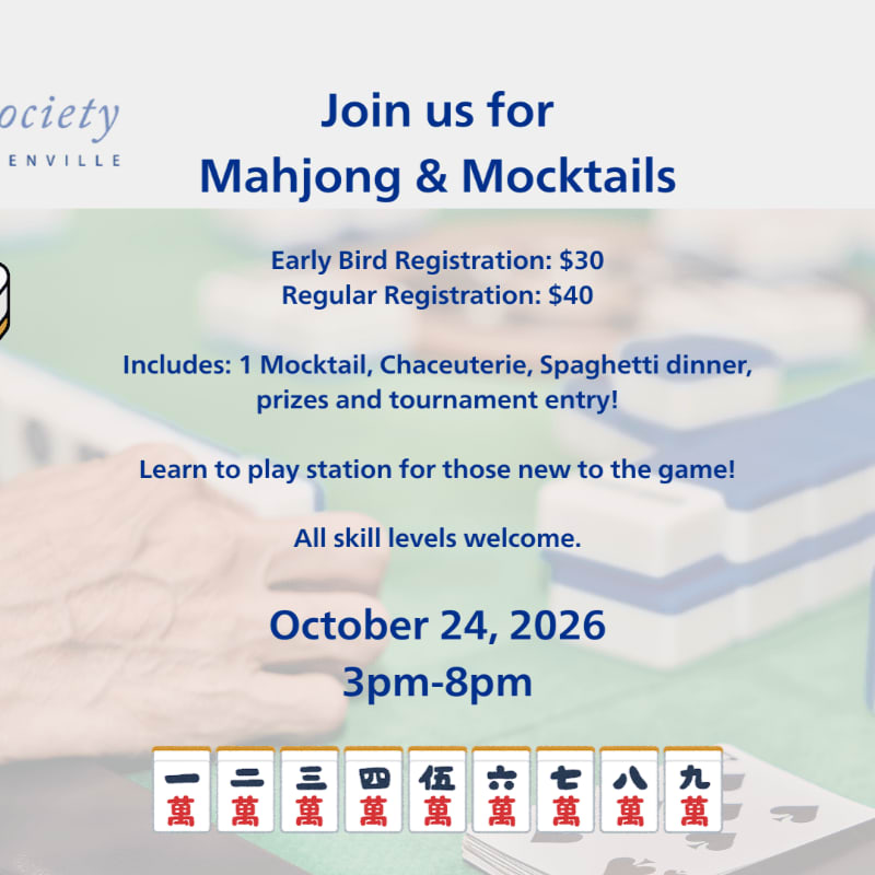 A flyer advertises a Mahjong and Mocktails event on October 24, 2026, with a blurred background of Mahjong tiles and a hand reaching for them in the foreground.