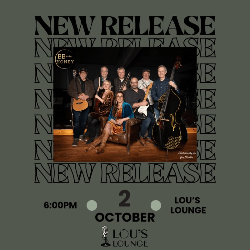A jazz band poses for a photo in front of a brick wall, with "NEW RELEASE" text framing the image and event details at the bottom.