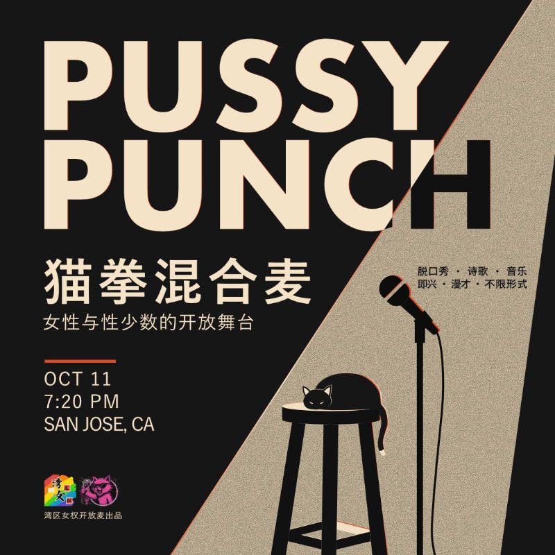 A black cat sits on a stool in front of a microphone on a stage with the words "PUSSY PUNCH" and event details in large text against a dark background.