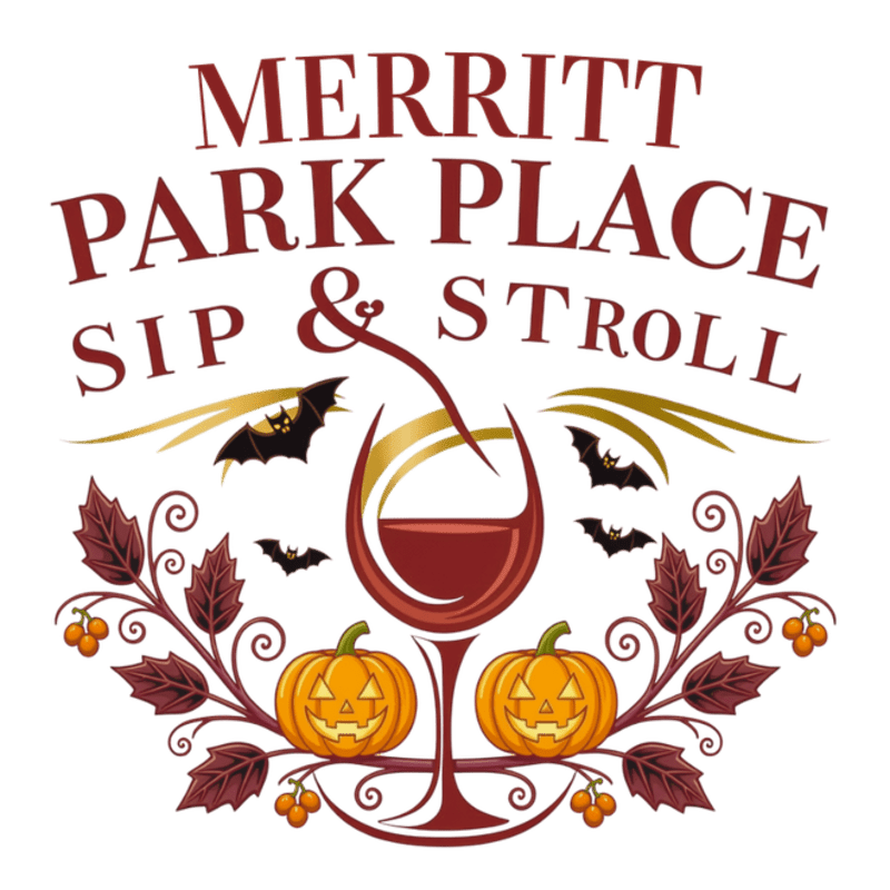 A Halloween-themed "Merritt Park Place Sip & Stroll" logo features a wine glass with red wine in the foreground, flanked by jack-o'-lanterns and autumnal foliage, with bats flying in the background.