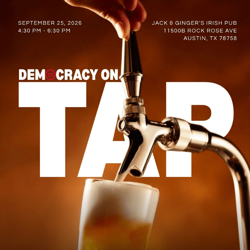 A hand pulls a beer tap, pouring frothy beer into a glass in the foreground, with the words "DEMOCRACY ON TAP" and event details superimposed over a warm, blurred background.