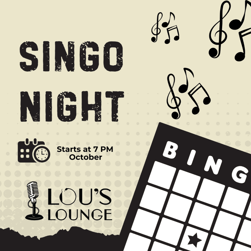In the foreground, a bingo card and event details for "Singo Night" at Lou's Lounge are displayed, while the background features musical notes on a textured, light-colored surface.