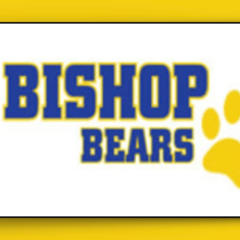 Blue and yellow text spelling "BISHOP BEARS" is in the foreground, with a yellow paw print to the right, against a white background bordered by yellow.