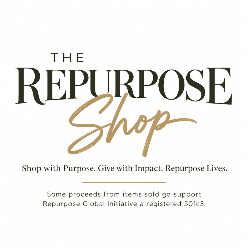 The foreground displays the text "THE REPURPOSE Shop" in large, stylized fonts, with a tagline and donation information below, all set against a plain white background.