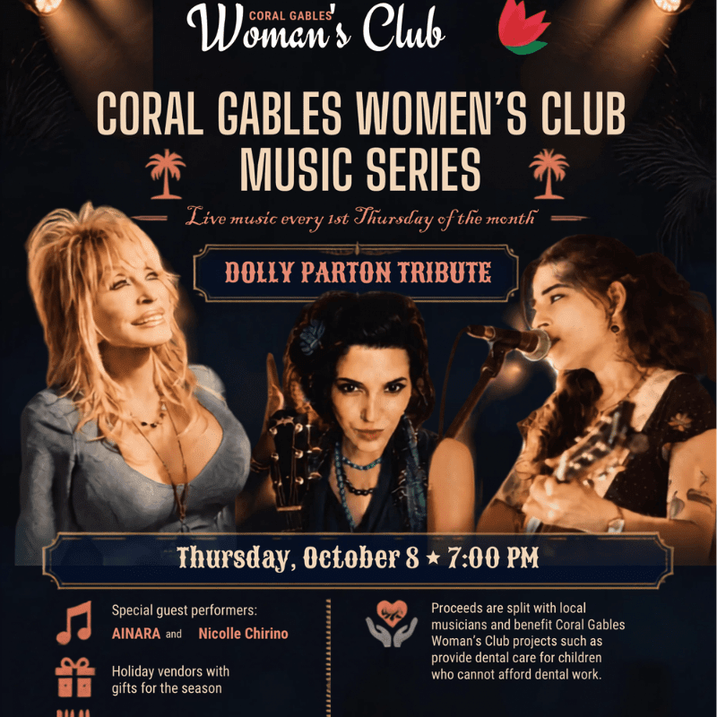 Three women are featured in the foreground, with palm trees and stage lights in the background, advertising a Dolly Parton tribute music series.