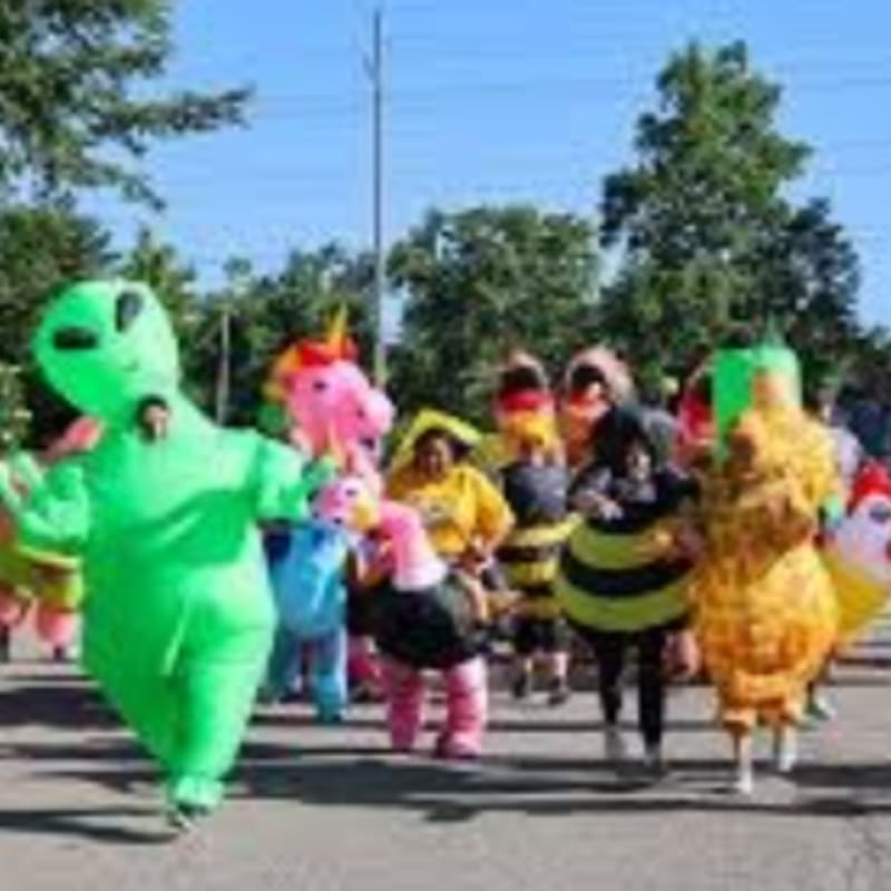A group of people in inflatable costumes, including an alien, a unicorn, and bees, walk down a street with trees and a clear sky in the background.