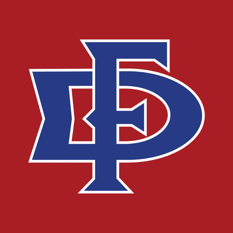 A blue and white intertwined monogram of the letters "D", "F", and "P" is centered on a solid red background.