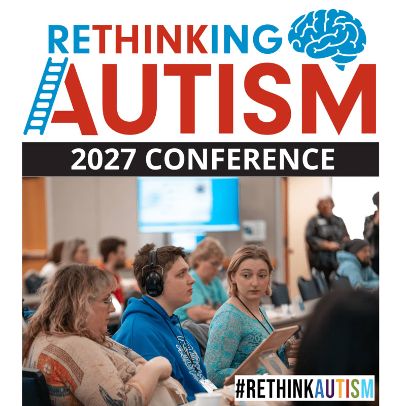 In the foreground, people are seated at tables in a conference room, while the background features the "Rethinking Autism 2027 Conference" logo with a brain graphic.
