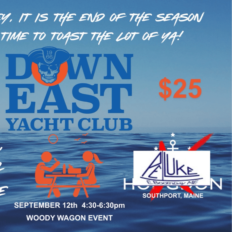 A blue background with text announcing a "Down East Yacht Club" event on September 12th, featuring a graphic of people at a picnic table in the foreground and a logo for "ALUKE" in the mid-ground.