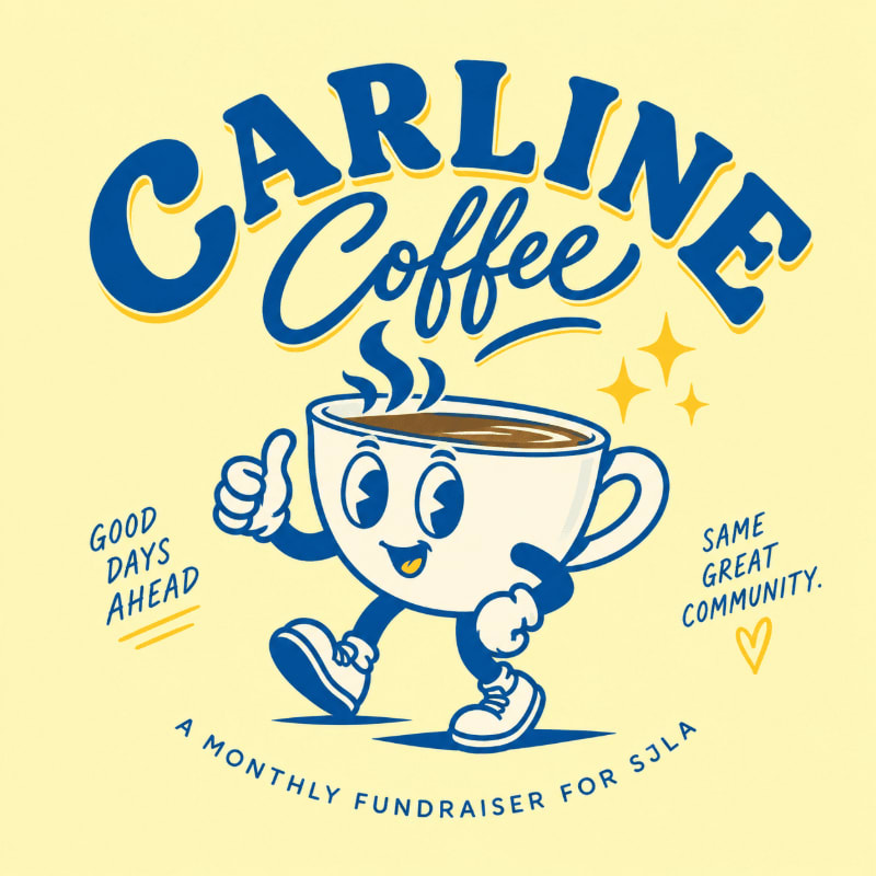 A cartoon coffee cup with arms and legs gives a thumbs-up in front of a yellow background with the words "CARLINE Coffee" and fundraising details.