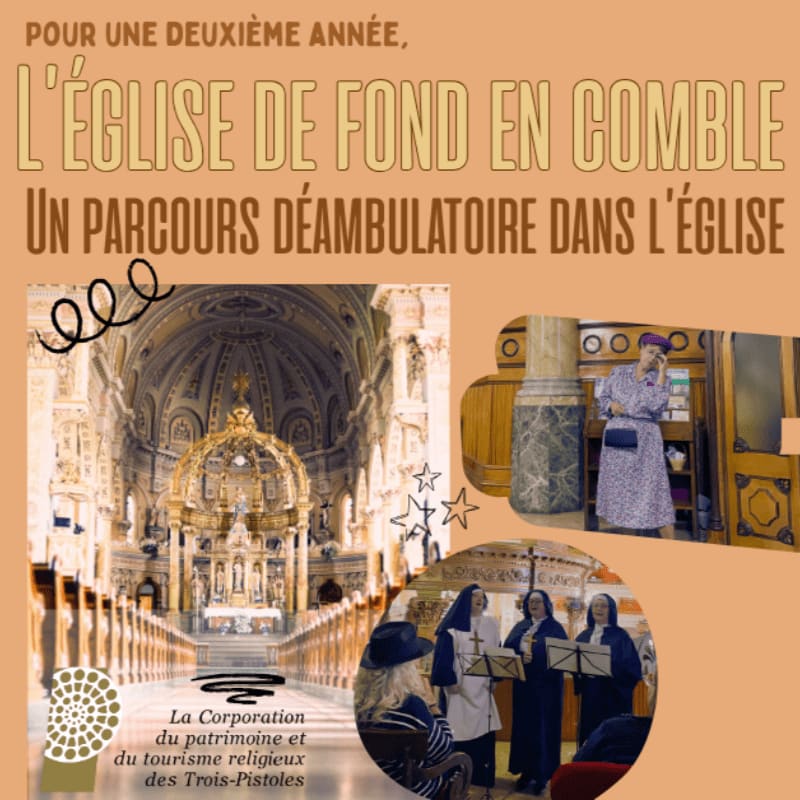 A grand church interior with ornate architecture is featured in the background, while the foreground shows a collage of smaller images including nuns singing and a woman standing near an organ.