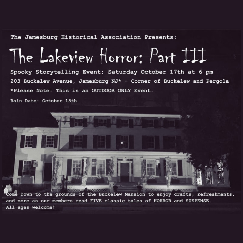 A large, white mansion with many windows is illuminated at night, with text above announcing "The Lakeview Horror: Part III" spooky storytelling event.