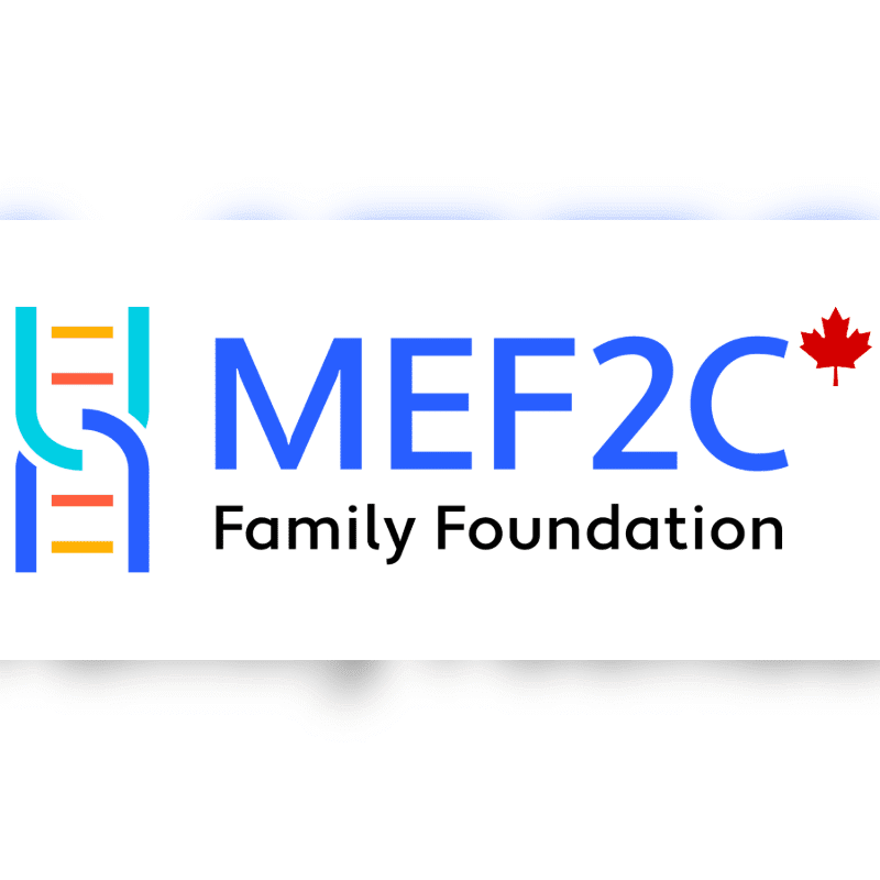A stylized DNA helix in blue and orange is to the left of the blue text "MEF2C" and the words "Family Foundation" below it, with a small Canadian flag in the upper right corner, all on a white background with a subtle shadow.