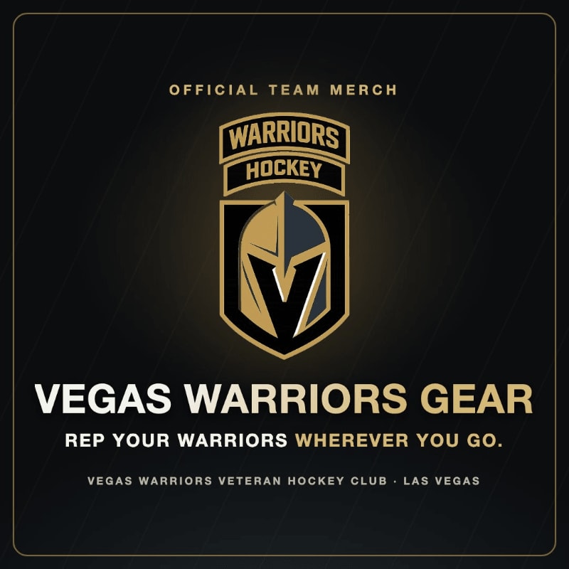A black and gold logo for "Warriors Hockey" is centered on a dark background with text promoting "Vegas Warriors Gear."