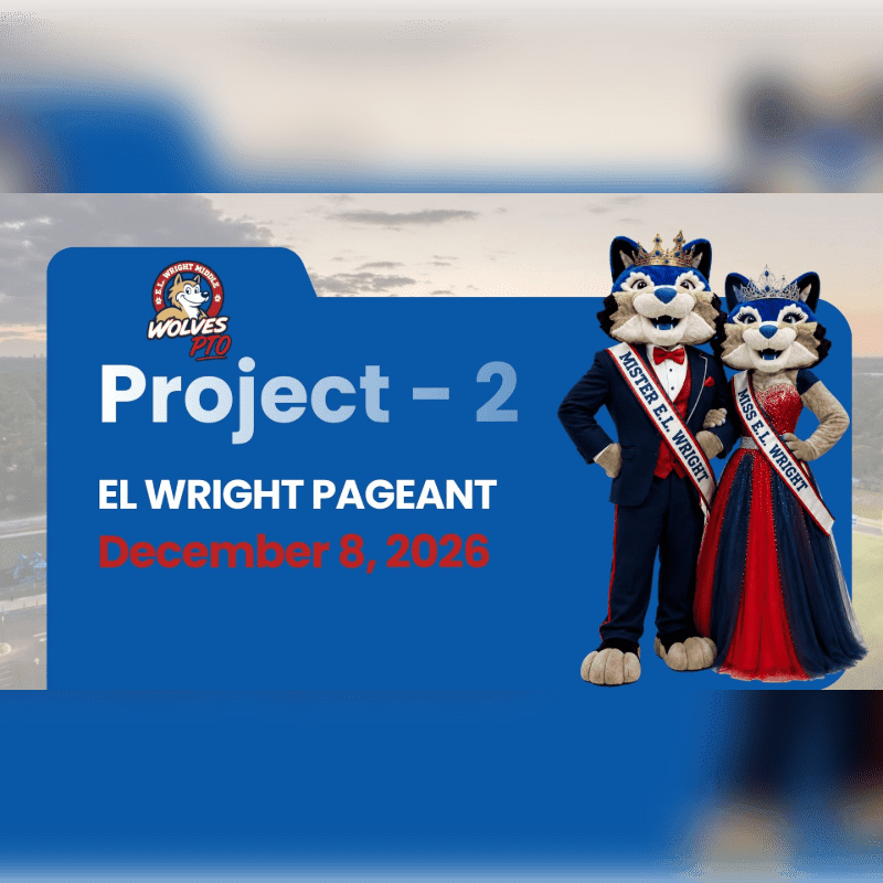 Two wolf mascots, dressed as a king and queen, stand in front of a blue banner with event details, set against a hazy sky and distant landscape.