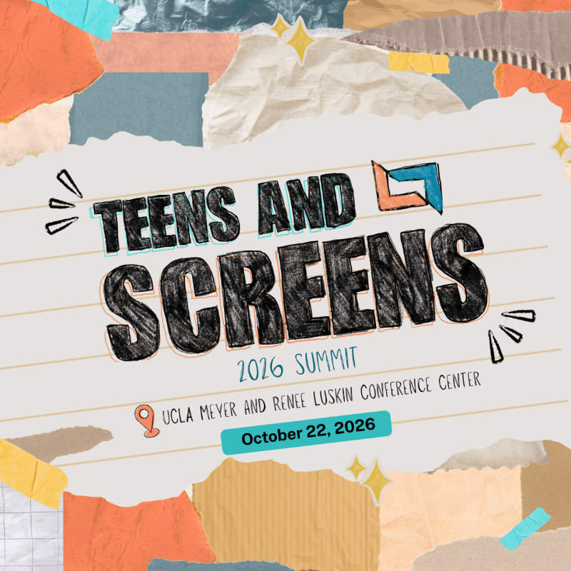 Torn paper scraps in various colors form a collage background for the bold text "TEENS AND SCREENS" above event details for a 2026 summit.