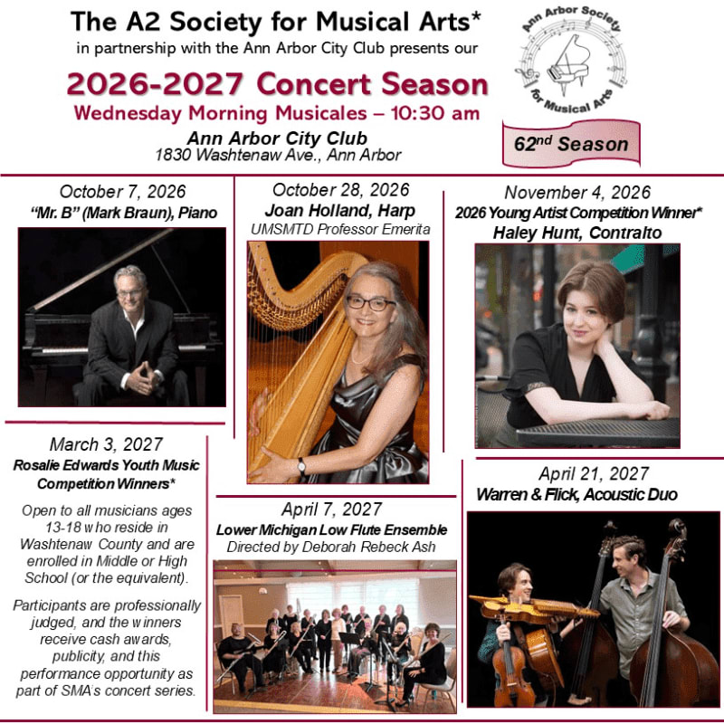 A collage of event flyers for the A2 Society for Musical Arts' 2026-2027 concert season features individual performers and ensembles against various backgrounds, including a piano, a harp, a cityscape, and an indoor performance space.