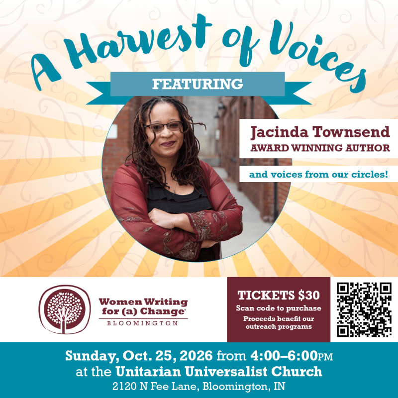 A woman is featured in a circular frame in the foreground, with event details and ticket information below, set against a background of radiating yellow lines and text.