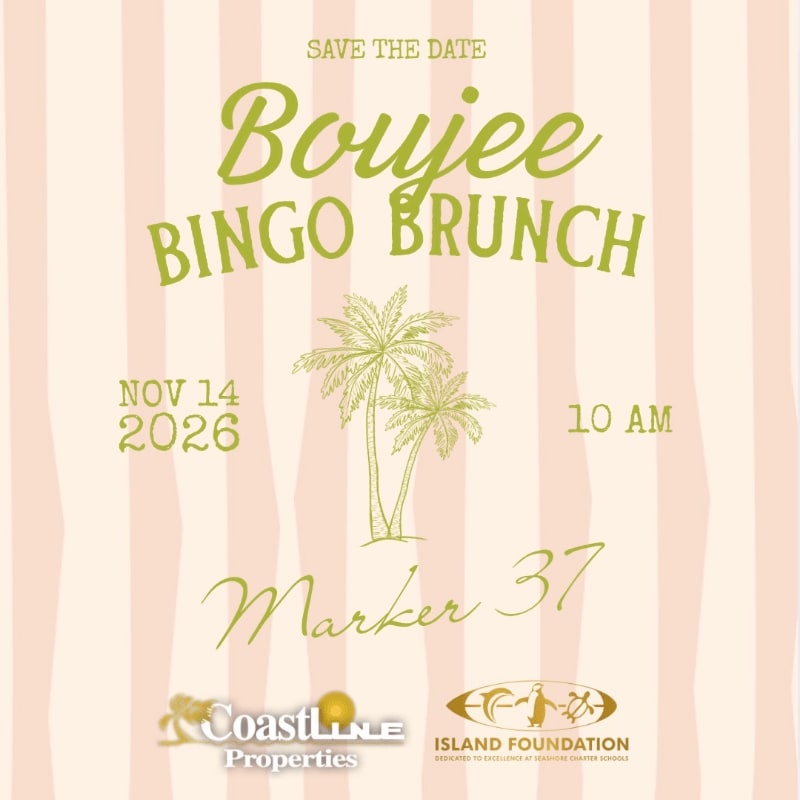 A "Boujee Bingo Brunch" event is advertised with palm trees in the foreground against a striped pink and white background.