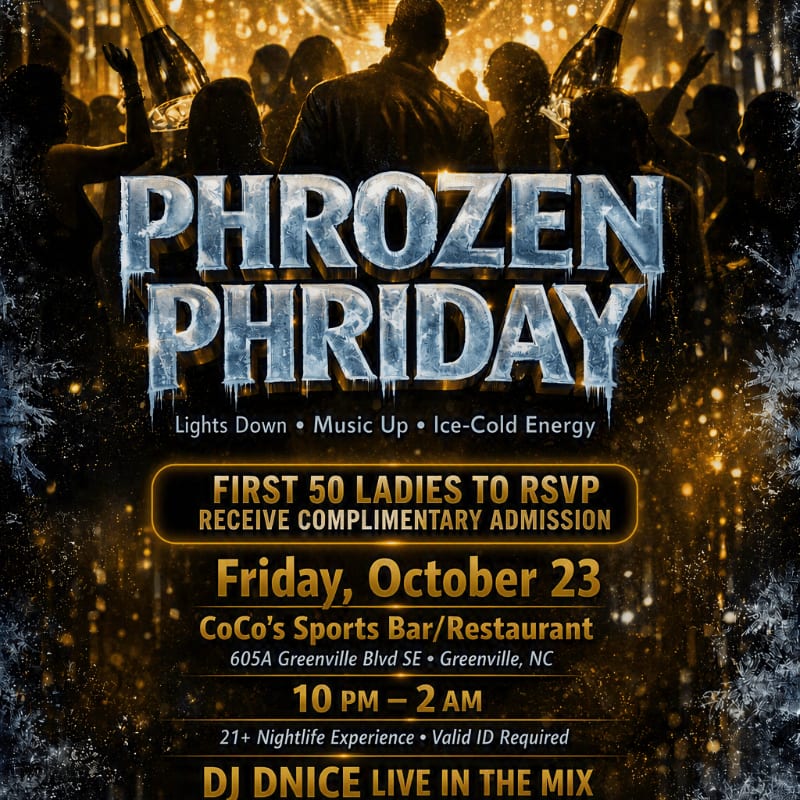 A crowd of people with champagne bottles in the background are illuminated by the "PHROZEN PHRIDAY" event title in the foreground.
