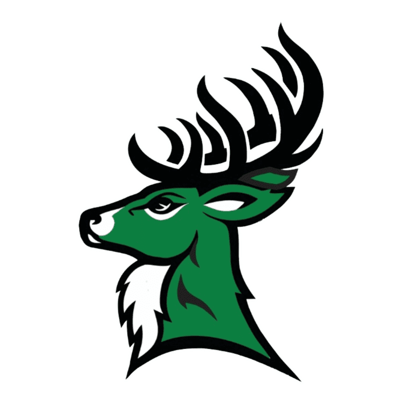 A green deer head with black antlers is in the foreground against a white background.