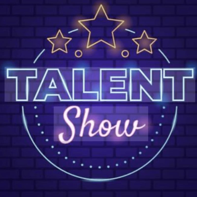Neon lights spell out "TALENT SHOW" in front of a brick wall with glowing stars above.