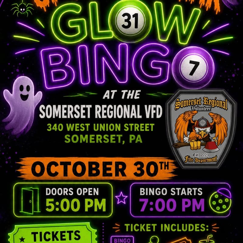 A spooky ghost and spider adorn the top of a neon "GLOW BINGO" advertisement for the Somerset Regional VFD, with event details and times listed below against a dark background.