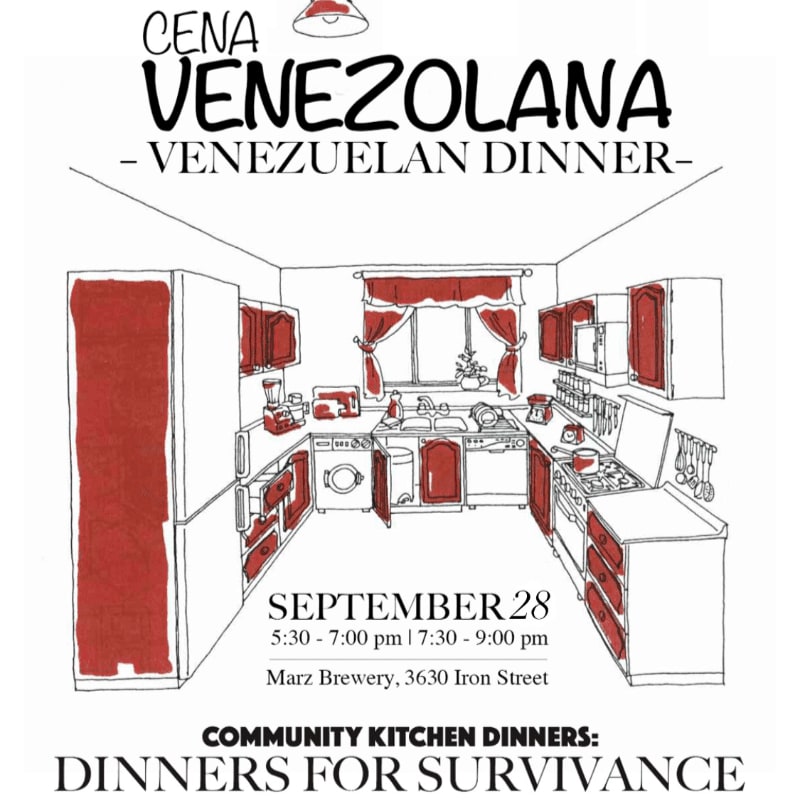 A hand-drawn illustration of a kitchen with red accents fills the center, advertising a Venezuelan dinner event with details below.