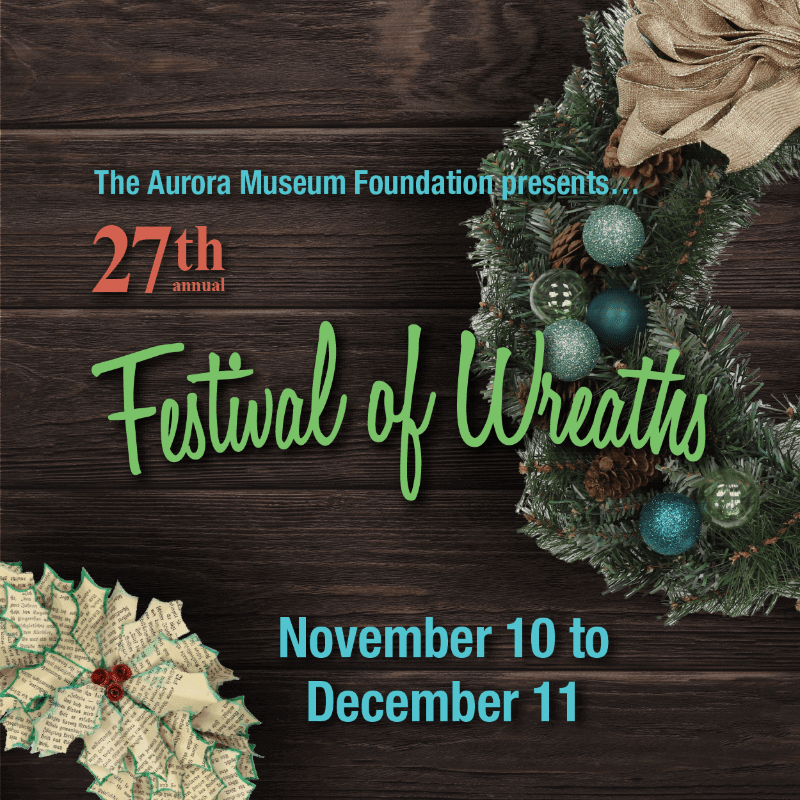 A rustic wooden background frames a festive "Festival of Wreaths" announcement with a decorated wreath in the foreground and a paper holly decoration on the left.