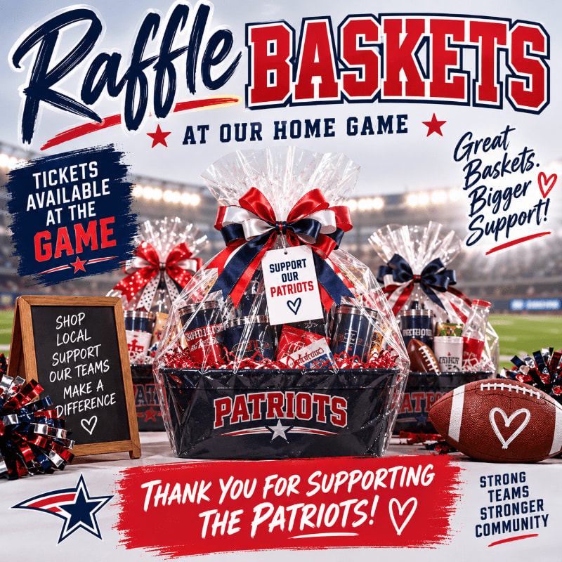 Three raffle baskets filled with goodies are displayed in the foreground, with a football and a chalkboard sign, against a blurred background of a stadium during a home game.
