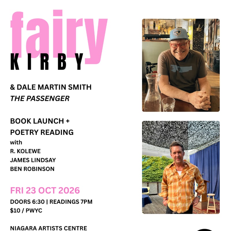 A pink and black text announcement for a book launch and poetry reading is on the left, with two photos of men in casual attire on the right.