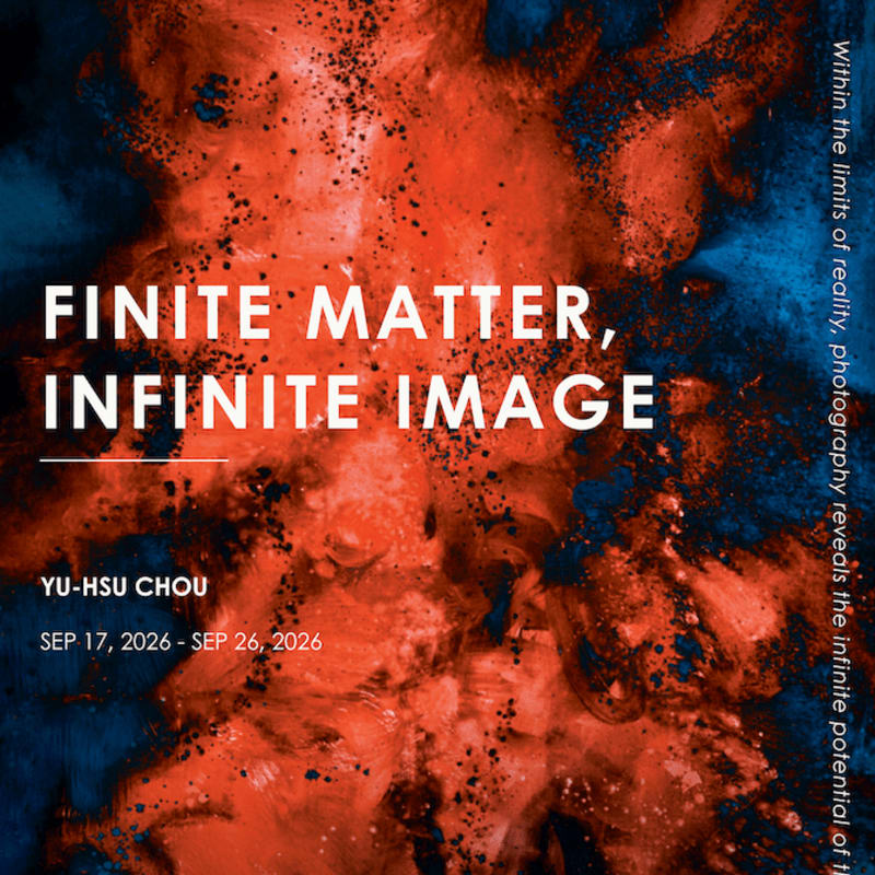 Explosive orange and red textures fill the foreground with the exhibition title "FINITE MATTER, INFINITE IMAGE" and artist information, set against a dark blue and black background with text running vertically along the right edge.