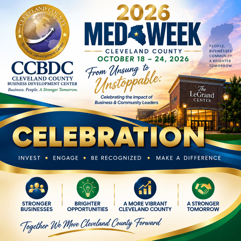 A vibrant graphic advertises "Med Week 2026" in Cleveland County, featuring a building and event details in the background, and a large "CELEBRATION" banner with icons representing business growth in the foreground.