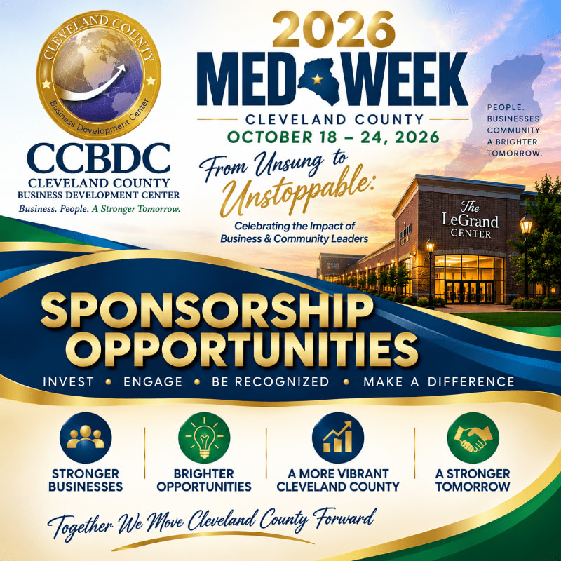 A promotional poster for Cleveland County's 2026 Med Week highlights sponsorship opportunities with a building in the background and icons representing benefits in the foreground.