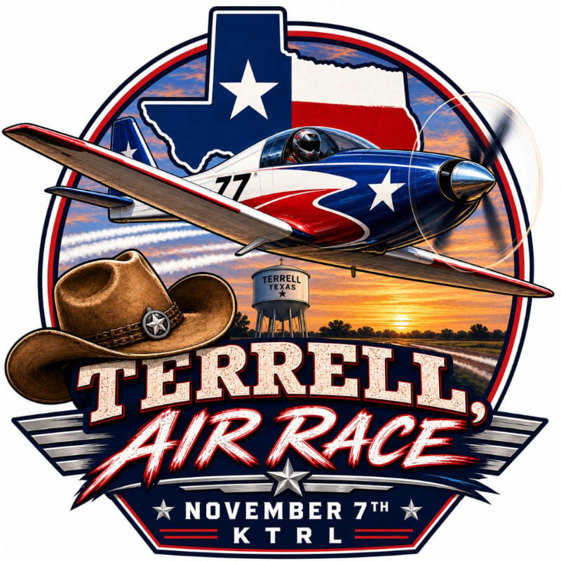 A vintage airplane soars over a cowboy hat and a water tower against a Texas sunset, advertising the Terrell Air Race on November 7th.