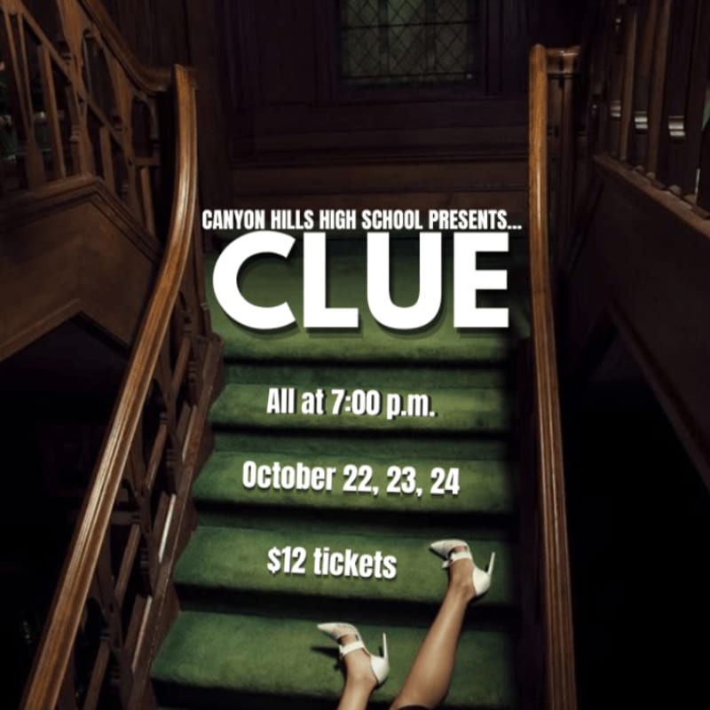 A pair of legs in white heels are on a green carpeted staircase in the foreground, with the title "CLUE" and event details in the background.