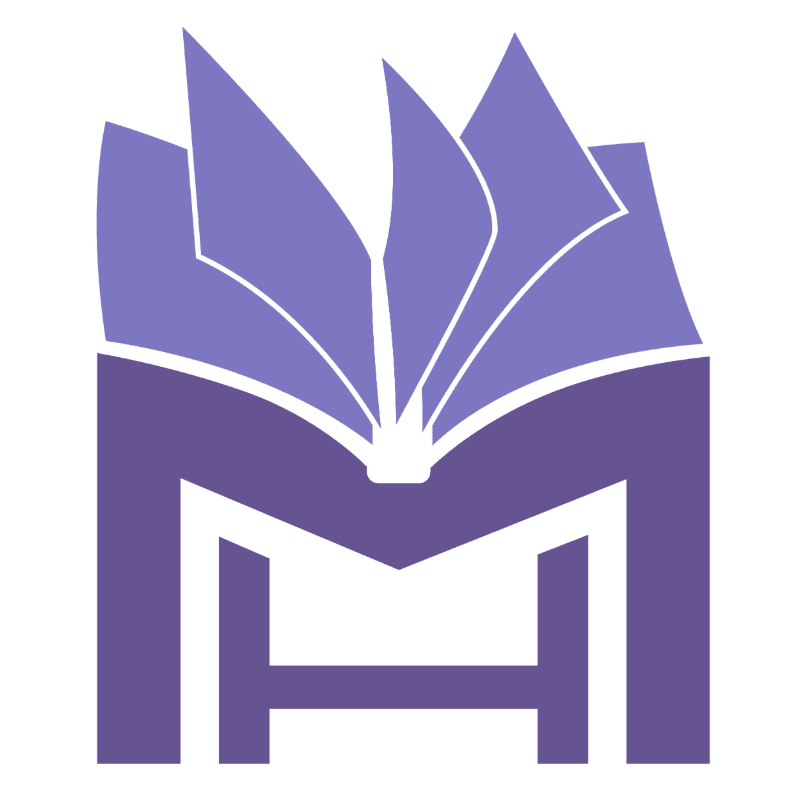 A purple stylized open book with pages fanning out sits atop a purple letter "M" with an "H" integrated into its base, all on a white background.