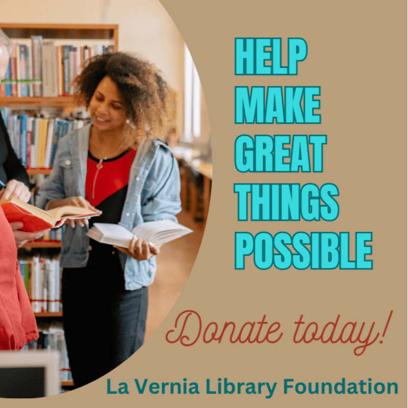 Three people are looking at books in a library with shelves full of books in the background, and text that says "HELP MAKE GREAT THINGS POSSIBLE" and "Donate today!"