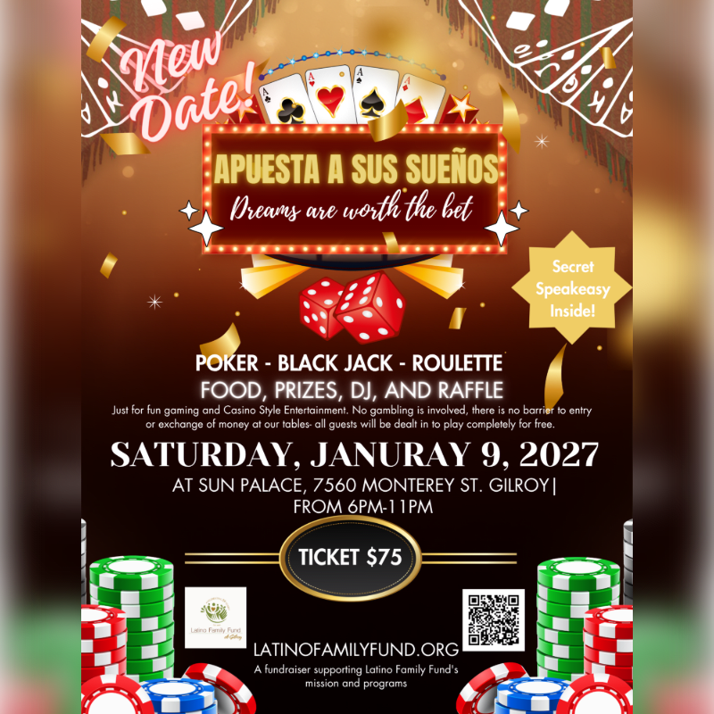 Casino-themed event flyer with poker chips and dice in the foreground and a starry, golden background.